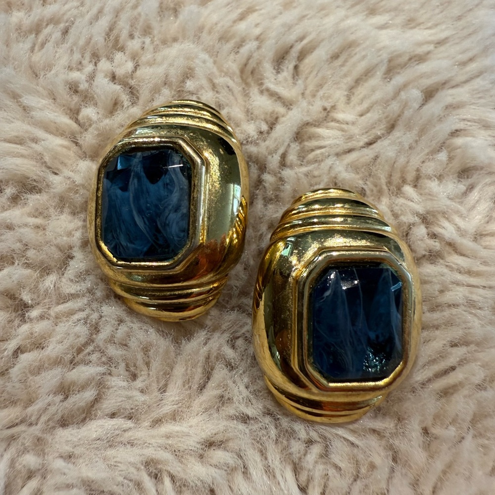 Vintage David Grau Barcelona Spain Gold And Blue Gem Earrings